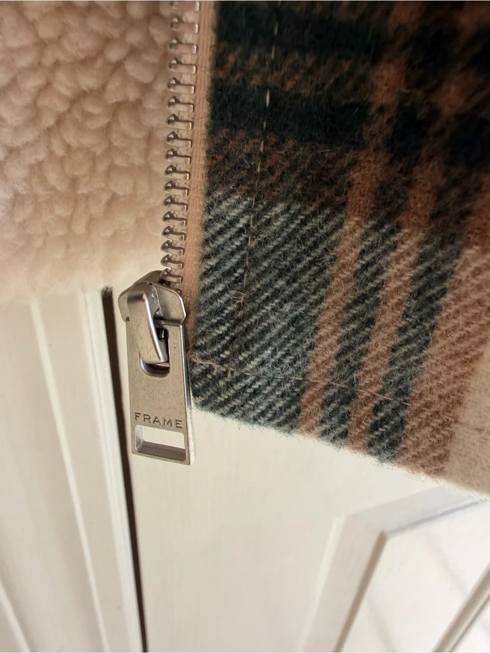 Frame Denim Plaid Sherpa-Lined Zip Jacket — Cream, Green & Black